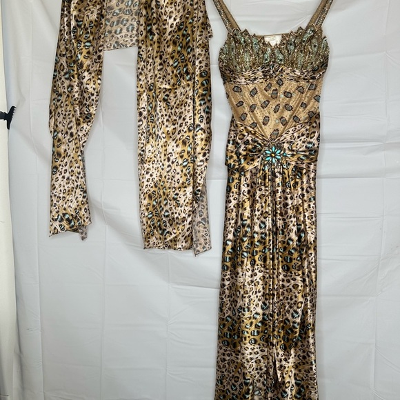 Y2K Vintage Aspeed USA Leopard Print Turquoise Accent Beaded A Line Gown size L - Picture 2 of 16